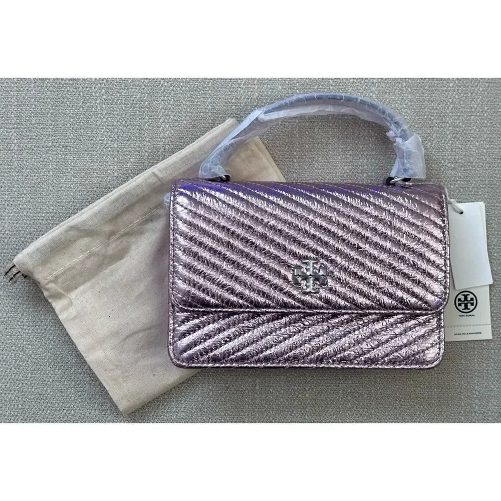 TORY‎ BURCH MINI KIRA MOTO QUILT METALLIC TOP-HANDLE CROSSBODY, SPARKLE PINK